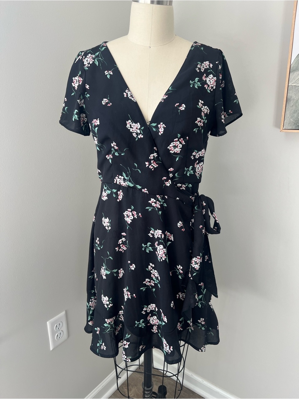 Abercrombie Floral Wrap Mini Dress - Black with Pink Blossoms